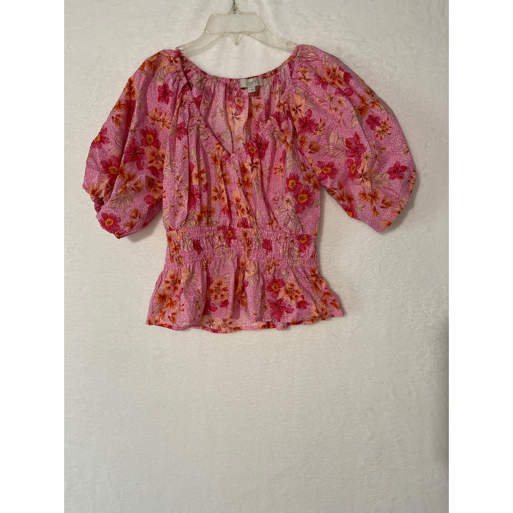 LOFT Womens Pink Floral Smocked Waist Puff Sleeve V-Neck Blouse Small Boho